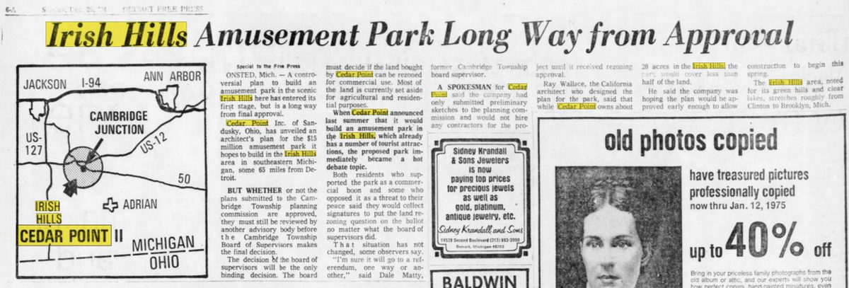 Cedar Point II, Irish Hills Amusement Park, Kingdom of Adventure, Little Michigan - Irish Hills Dec 29 1974 Article (newer photo)